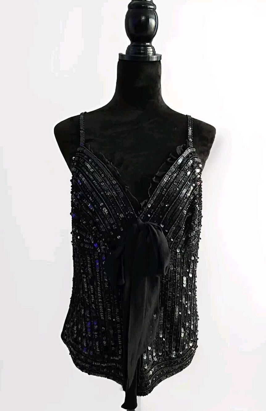 NWT Luisa Spagnoli Women's Black Sequin Cami Tank Top With Ruffles Bow Sheer L